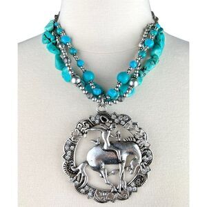 Cowgirl Statement Silver Tone Large Pendant Faux Turquoise Necklace Ivana Ruzzo